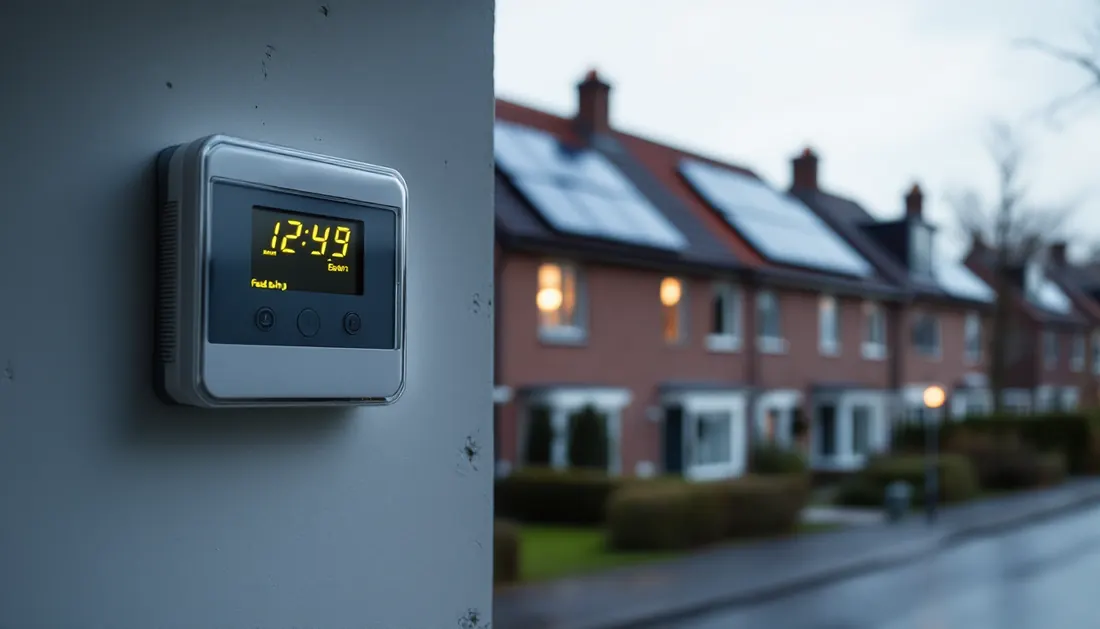 Nederlandse rijtjeshuizen met zonnepanelen en een slimme meter, illustratie bij terugleverkosten zonnepanelen