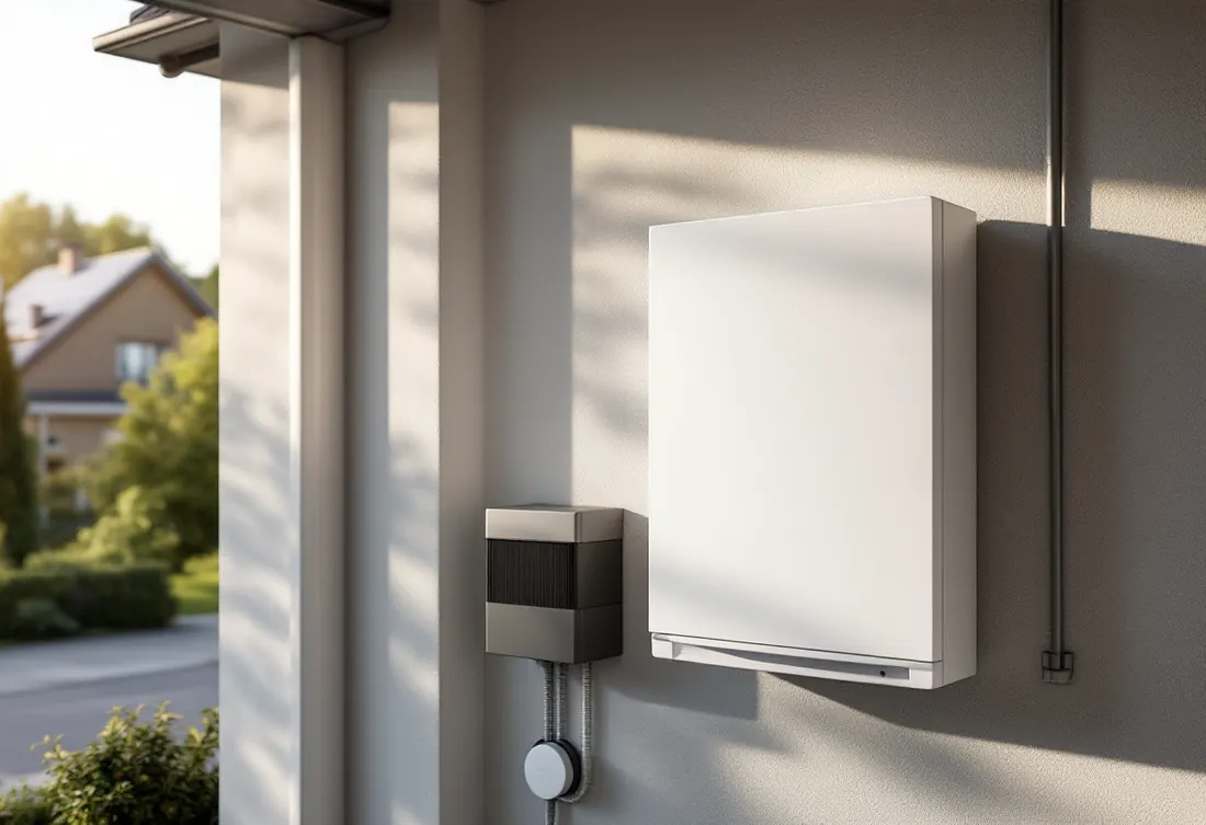 Thuisbatterij naast de omvormer van een zonnepaneleninstallatie